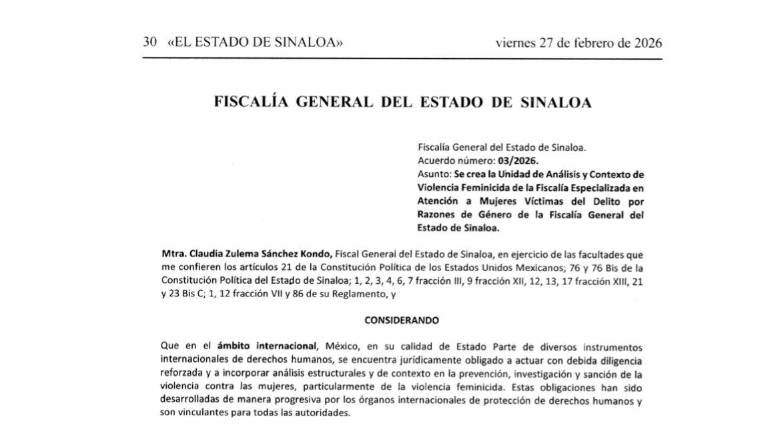 El acuerdo entrará en vigor tras su publicación en el Periódico Oficial de El Estado de Sinaloa.