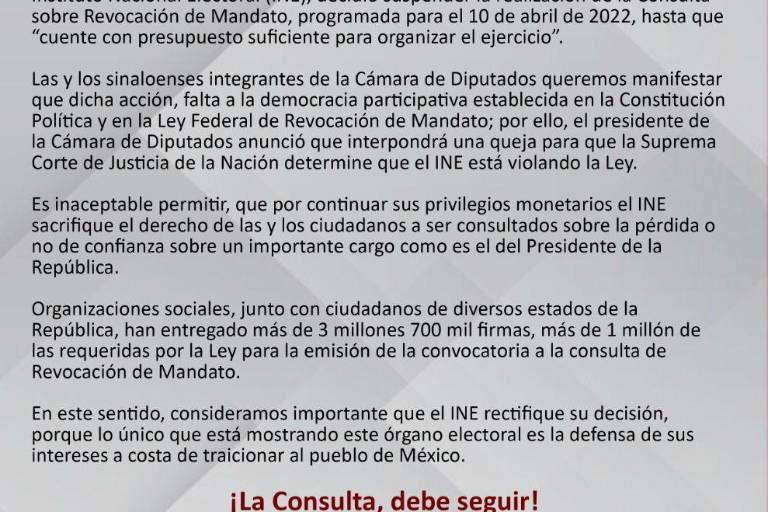 Legisladores sinaloenses se manifiestan contra aplazo a consulta de revocación de mandato