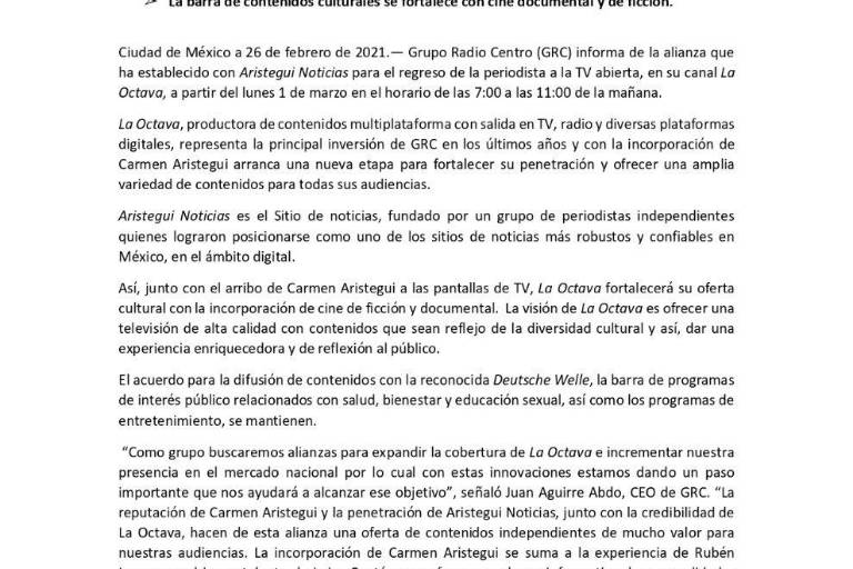 Carmen Aristegui regresa a la TV abierta después del golpe de censura en el sexenio de Peña Nieto