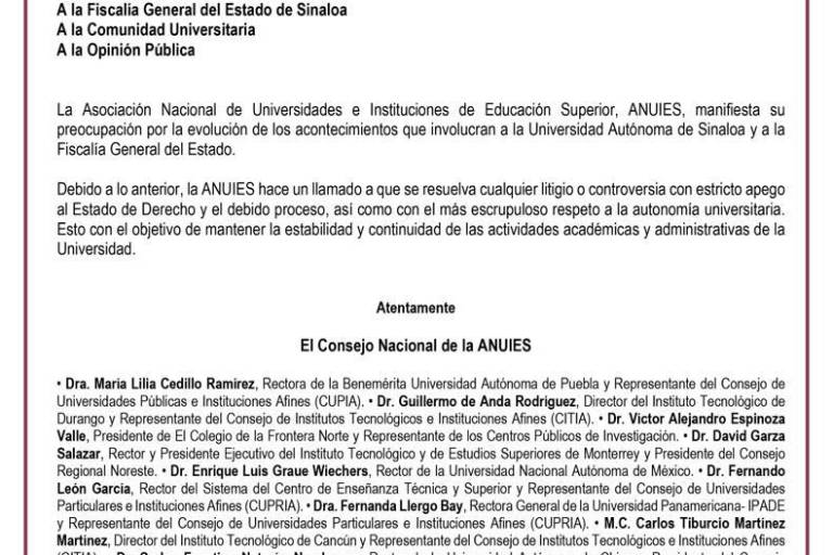 Pide Asociación Nacional de Universidades que litigio contra UAS se apegue al proceso