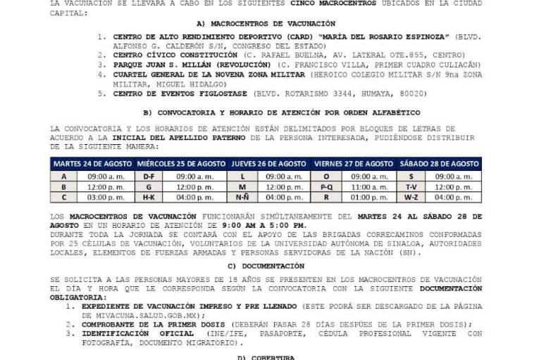 Del 24 al 28 de agosto aplicarán segundas dosis contra Covid a jóvenes de 18 a 29 años en Culiacán