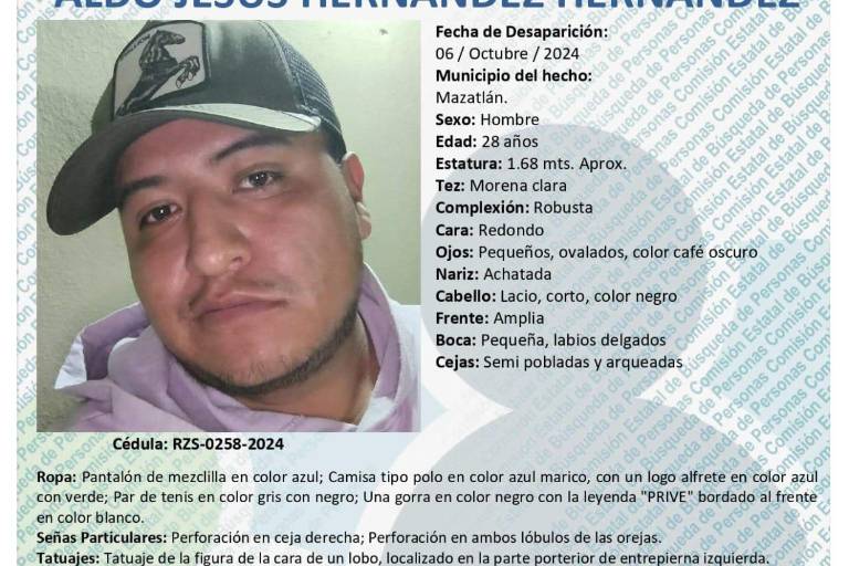 Buscan a Aldo Jesús Hernández Hernández, desaparecido en Mazatlán el pasado domingo