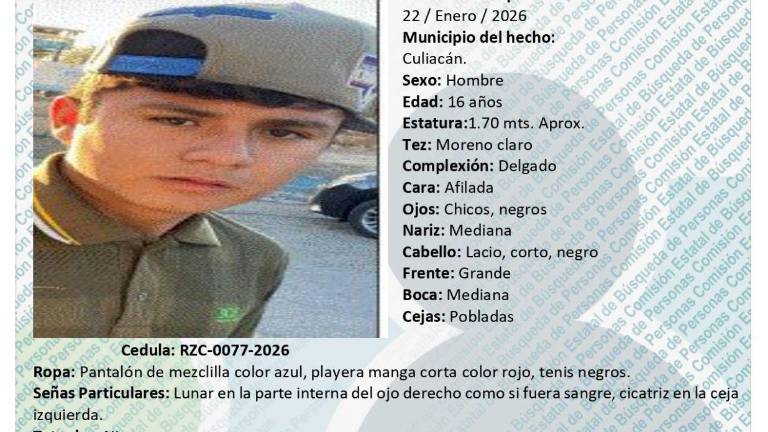 La Comisión Estatal de Búsqueda emitió una ficha para la localización de Jesús Ramón, desaparecido en Culiacán.