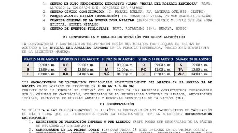 Del 24 al 28 de agosto aplicarán segundas dosis contra Covid a jóvenes de 18 a 29 años en Culiacán