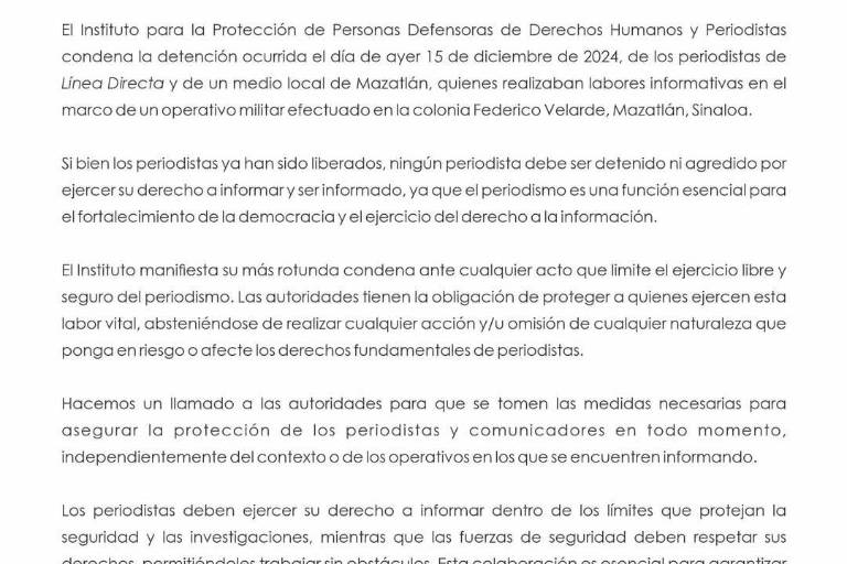 Instituto de Protección a Periodistas condena detención de periodistas en Mazatlán