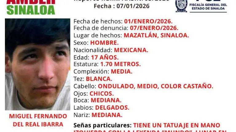La Fiscalía de Sinaloa emitió una Alerta Amber para la localización de un adolescente desaparecido en Mazatlán.