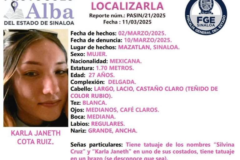 Buscan a Karla Janeth Cota Ruiz en Mazatlán