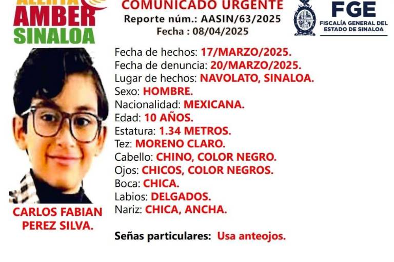 Activan Alerta Amber por desaparición de Carlos Fabian en Navolato