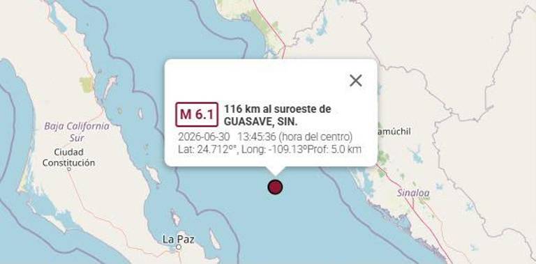 Durante junio de 2026, Sinaloa registró una serie de sismos, destacando un movimiento de magnitud 6.1 al suroeste de Guasave.