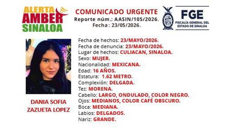 Autoridades solicitan el apoyo de la ciudadanía para localizar a Dania Sofía Zazueta, reportada como desaparecida en Culiacán.