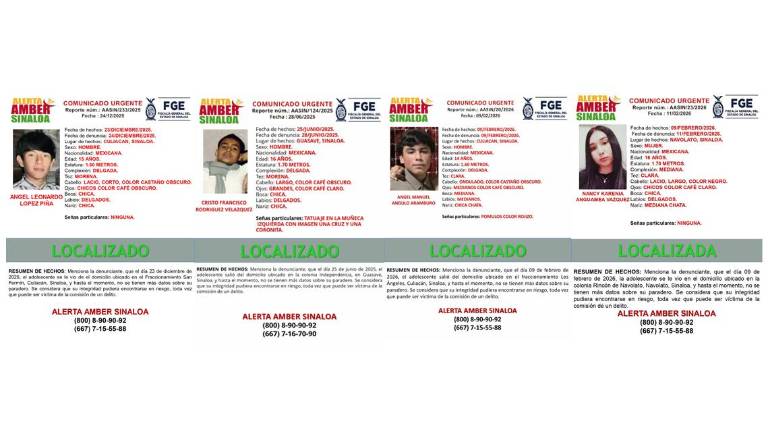 Fichas de búsqueda de menores de edad en Sinaloa, los cuales fueron localizados.