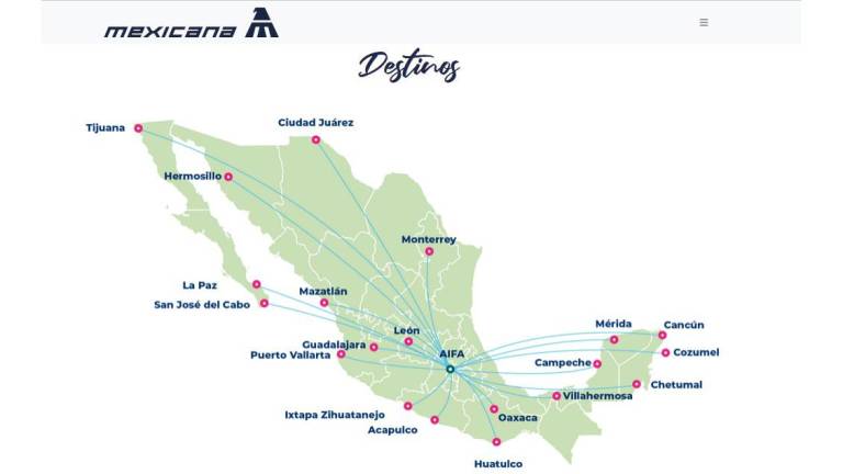Rutas de los vuelos que pretende operar la nueva línea aérea estatal, Mexicana de Aviación