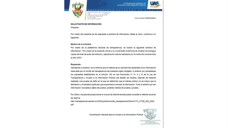 Respuesta de la UAS a la solicitud de transparencia.