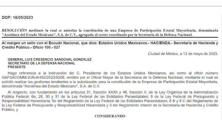 Autorización de la la Secretaría de Hacienda y Crédito Público para la creación de la “Aerolínea del Estado Mexicano”.