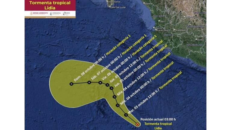 Posible trayectoria de la tormenta tropical Lidia, formada en el Pacífico mexicano.