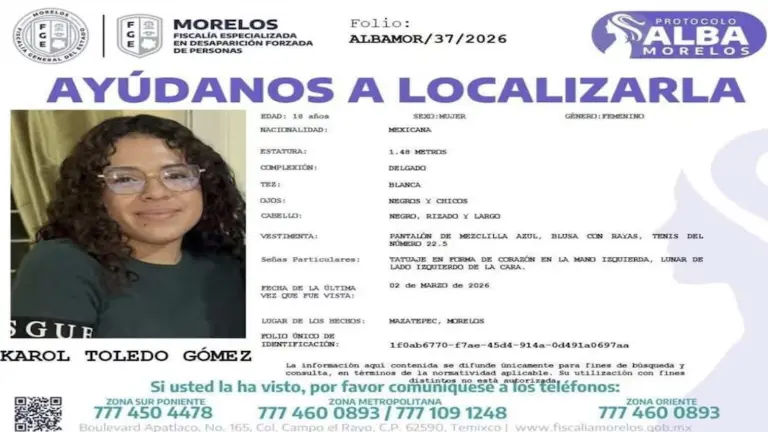 Karol Toledo Gómez, estudiante de 18 años de la UAEM, fue localizada sin vida en el municipio de Coatetelco tras ser reportada como desaparecida.
