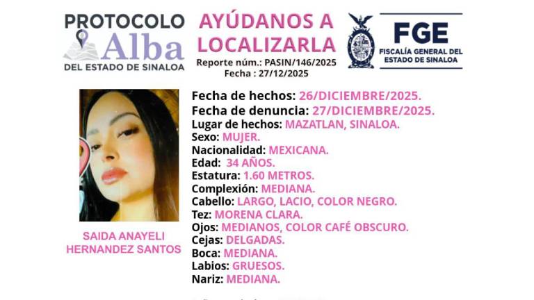 A través del Protocolo Alba, la Fiscalía General del Estado solicita apoyo ciudadano para localizar a Saida Anayeli, de 34 años.