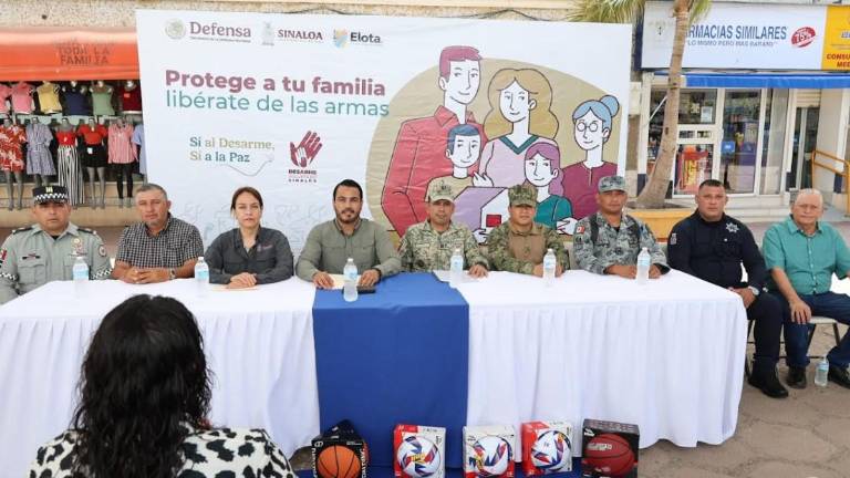 Autoridades pusieron en marcha la Campaña de Desarme Voluntario 2026 en el municipio de Elota, bajo el lema “Protege a tu familia, libérate de las armas”.