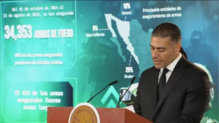 El Secretario de Seguridad y Protección Ciudadana, Omar García Harfuch, presenta un informe de los resultados de la Estrategia Nacional de Seguridad.