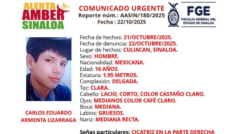 La FGE activó la Alerta Amber para la localización de Carlos Eduardo, desaparecido desde el 21 de octubre.