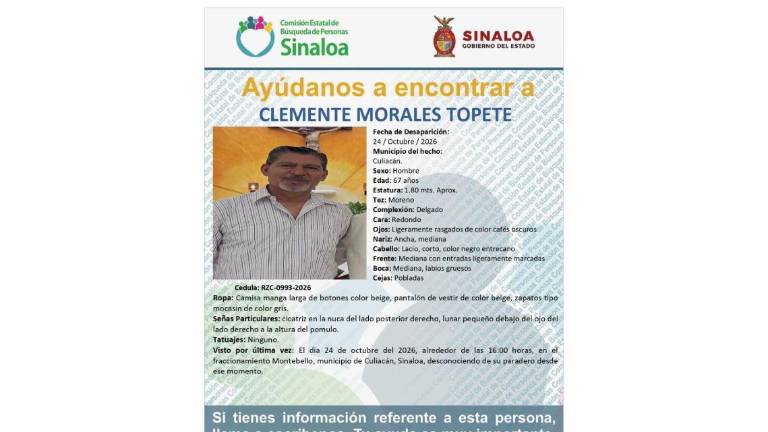 Ficha de búsqueda del Padre Clemente Morales Topete, desaparecido en Culiacán.