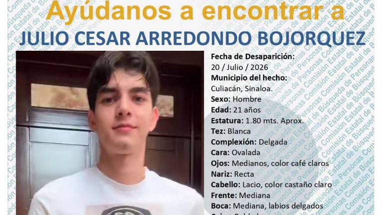 Familiares y autoridades solicitan apoyo para localizar a Julio César Arredondo Bojórquez, de 21 años.