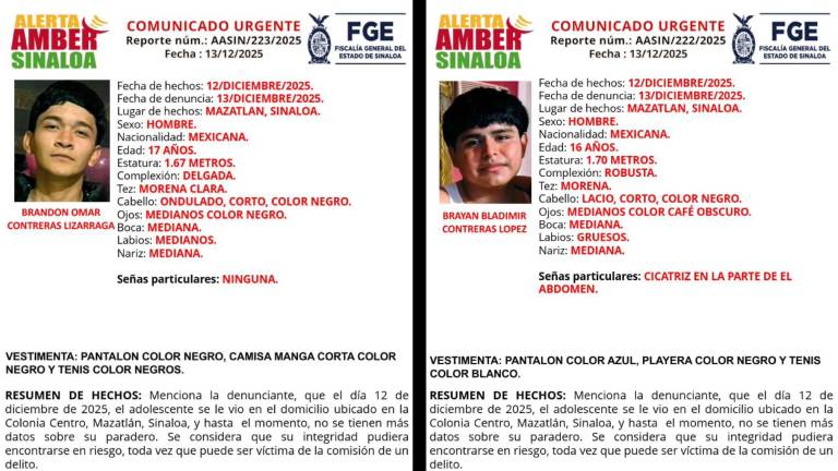 Brandon Omar Contreras Lizárraga y Brayan Bladimir Contreras López desaparecieron en Mazatlán desde el viernes 12 de diciembre.