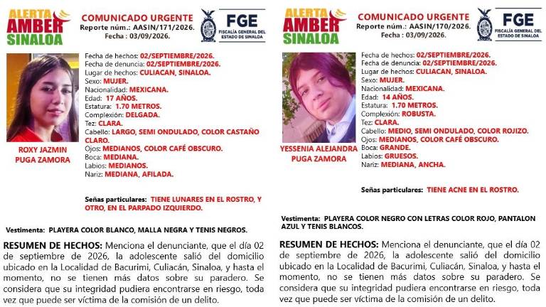 Roxy Jazmín y Yessenia Alejandra Puga Zamora son buscadas tras ser reportadas como desaparecidas en Culiacán.