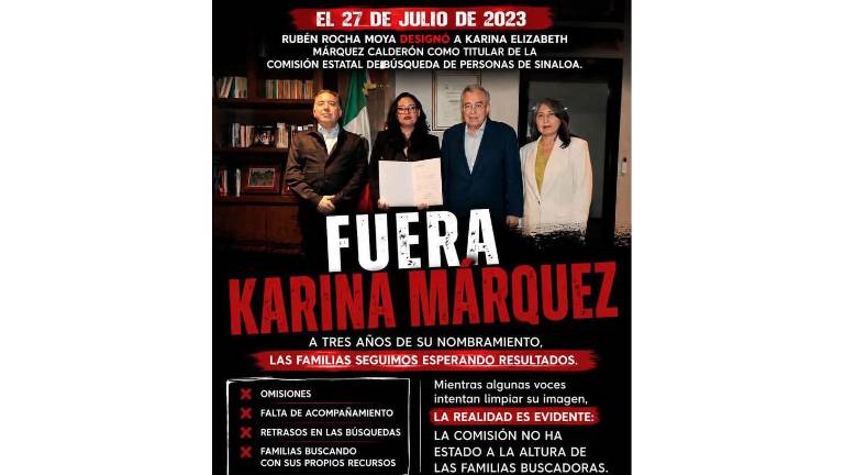 Integrantes de colectivos de búsqueda en Mazatlán reiteraron su exigencia de destituir a Karina Márquez por presuntas omisiones y falta de apoyo.