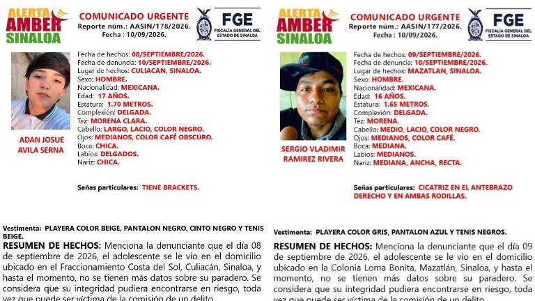 La Fiscalía de Sinaloa solicita apoyo ciudadano para localizar a los dos adolescentes reportados como desaparecidos en Culiacán y Mazatlán.