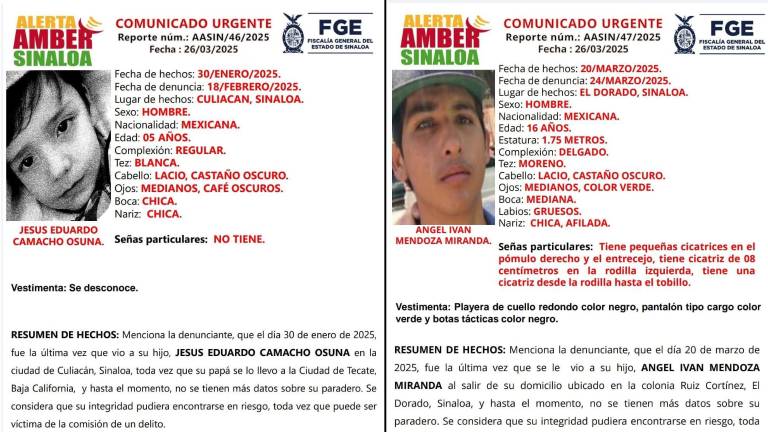 Jesús Eduardo, de 5 años; y Ángel Iván, de 16, están reportados como desaparecidos en Sinaloa.