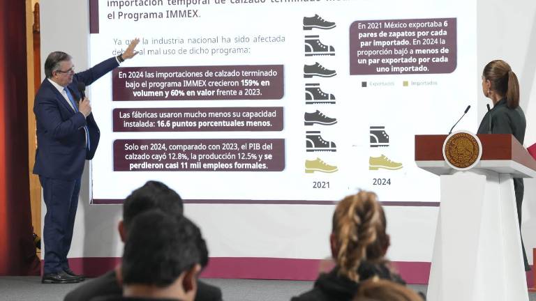 El Secretario de Economía Marcelo Ebrard explica la medida de frenar la importación temporal de calzado.