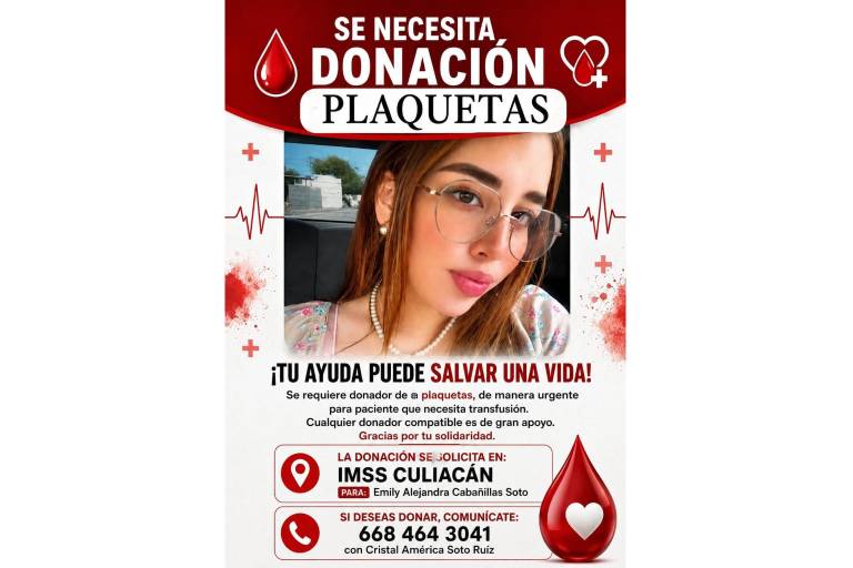 La familia de Emily Alejandra Cabañillas Soto solicita el apoyo de donadores de plaquetas para contribuir a su tratamiento médico.