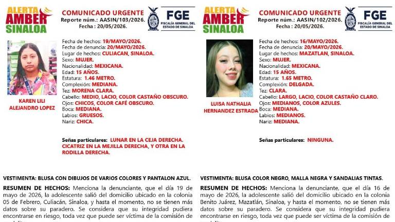La Fiscalía de Sinaloa difundió fichas de búsqueda para localizar a Karen Lili y Luisa Nathalia, dos adolescentes desaparecidas.