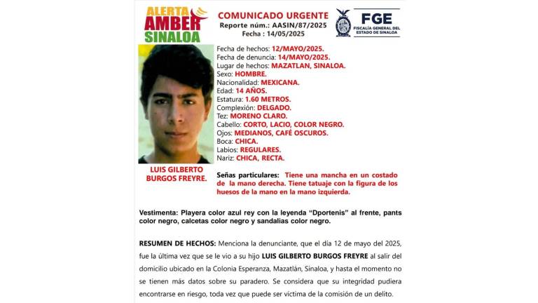 Luis Gilberto Burgos, de 14 años, desapareció el lunes 12 de mayo; la FGE emitió una Alerta Amber para su localización.