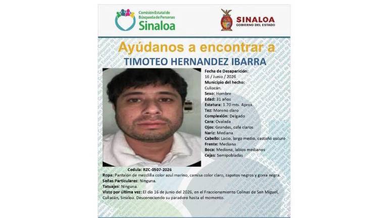 Activan ficha de localización para Timoteo Hernández Ibarra, desaparecido desde el pasado 16 de junio en Culiacán.