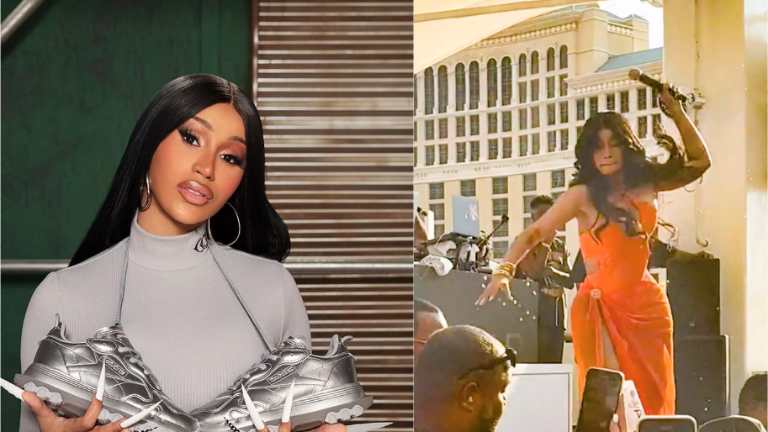 Cardi B lanza micrófono a una asistente durante una presentación en Las Vegas.