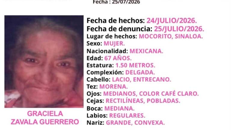 Activn el Protocolo Alba para localizar a Graciela Zavala Guerrero, de 67 años, desaparecida en Mocorito.