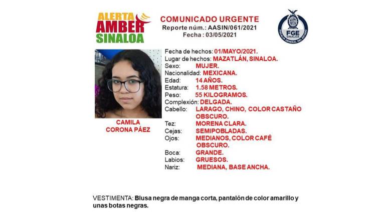 Emiten Alerta Ámber por Camila, menor desaparecida en Mazatlán