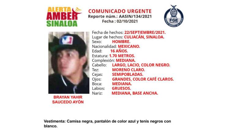 Emiten Alerta Ámber ante la desaparición en Culiacán de Brayan Yahir, de 16 años
