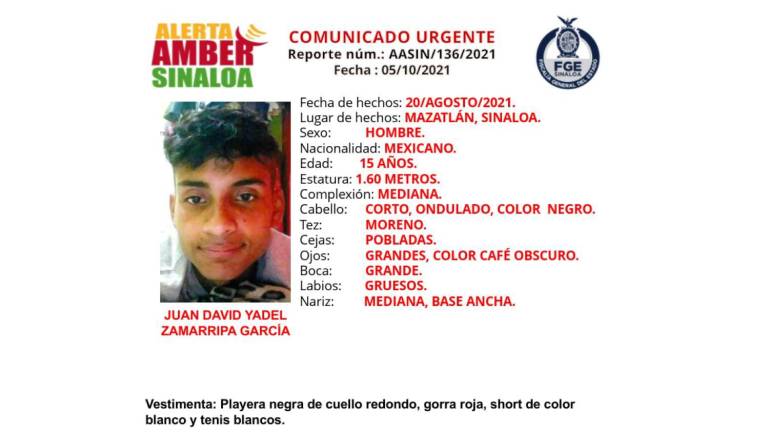 Emiten Alerta Ámber ante la desaparición en Mazatlán de Juan David, de 15 años