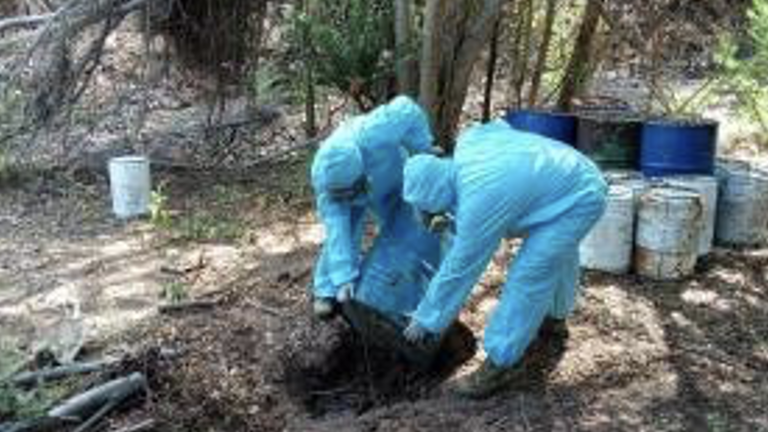 Militares y guardias nacionales resguardan las sustancias químicas localizadas en laboratorios clandestinos.