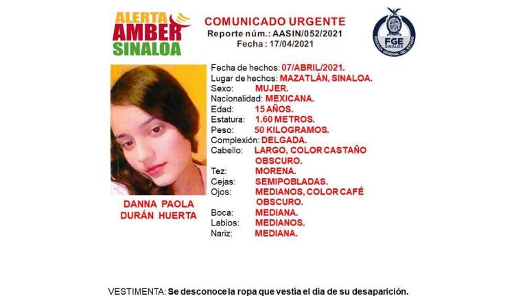 Emiten Alerta Ámber para localizar a menor desaparecida en Mazatlán