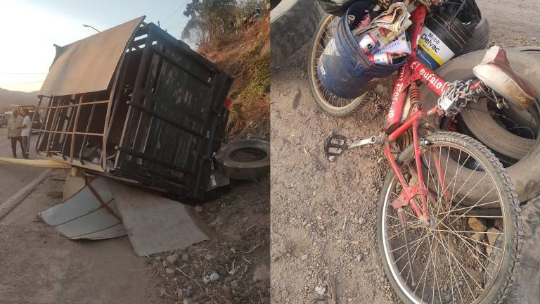 La camioneta terminó volcada tras el accidente.