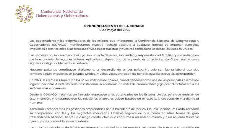 En un desplegado la Conferencia Nacional de Gobernadoras y Gobernadores rechazó esta posibilidad y respaldó a la Presidenta Claudia Sheinbaum Pardo.