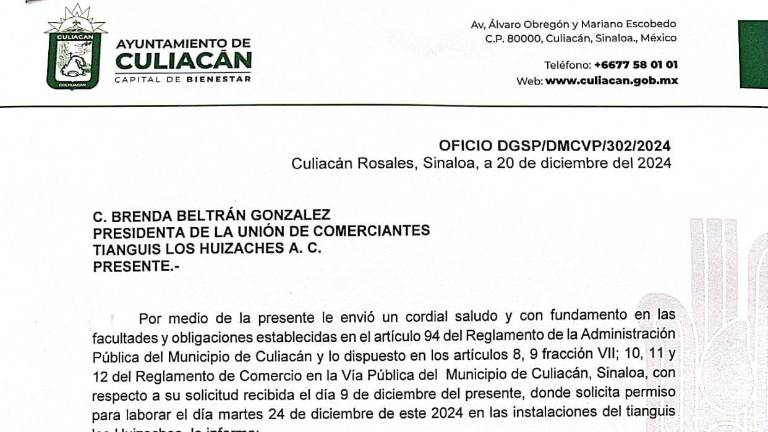 El permiso para la instalación del tianguis fue entregado por el Ayuntamiento de Culiacán ante la dirección del Tianguis Los Huizaches.