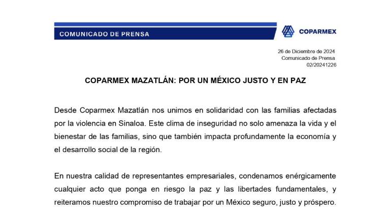 Coparmex Mazatlán envió un comunicado de prensa con fecha de este 26 de diciembre.