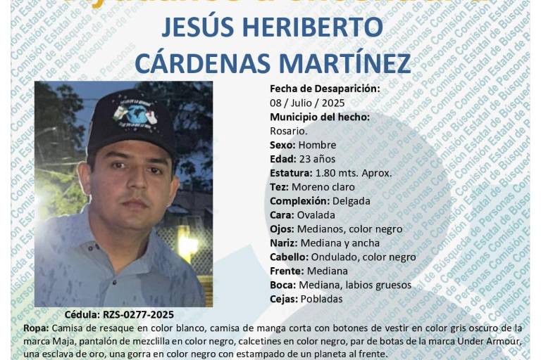 Difunden ficha de Jesús Heriberto, joven desaparecido en Rosario