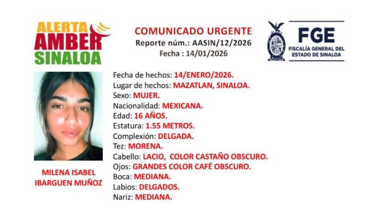 Ficha de búsqueda para localizar a Milena Isabel, en Mazatla´n.