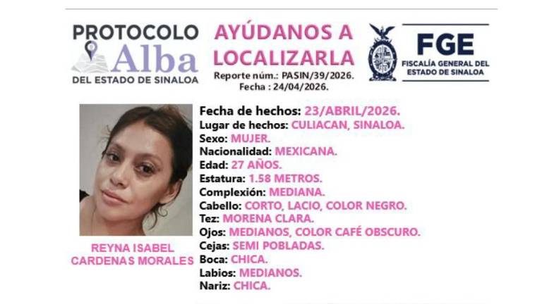En Culiacán Reyna Isabel, de 27 años, está reportada como desaparecida desde el 23 de abril.